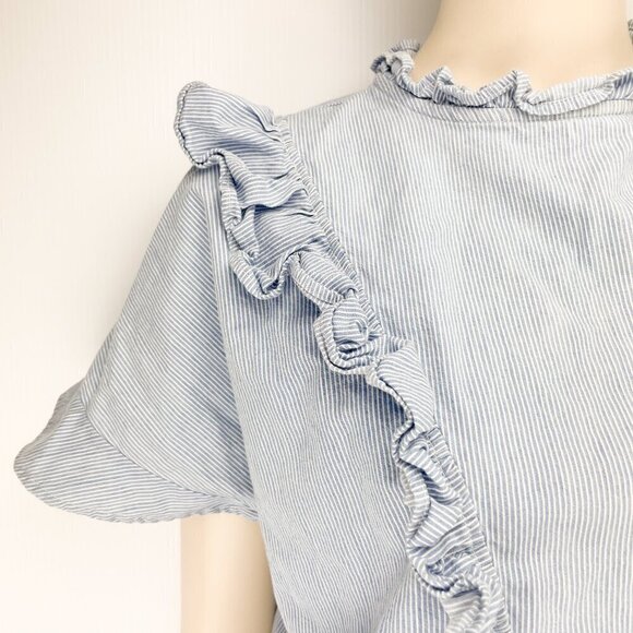 AMERCICO & ROSA Blue White Coastal PinStriped Ruffled Blouse Top Size M - Picture 3 of 7